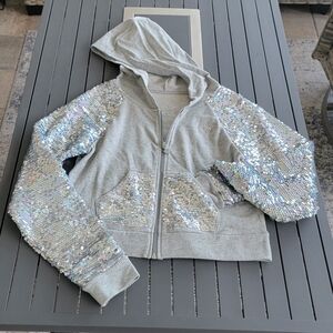 Kids Sequin Sleeve Zip Up Hoodie With Pockets - Silver Size 14